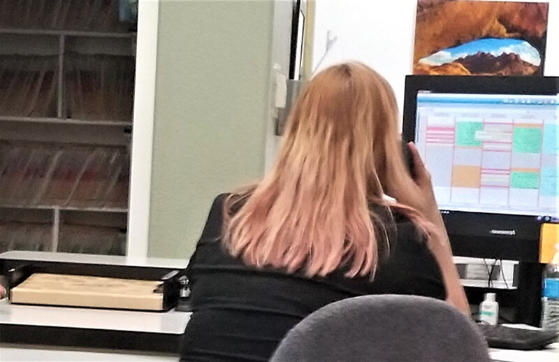 Woman at computer desk at work on the phone