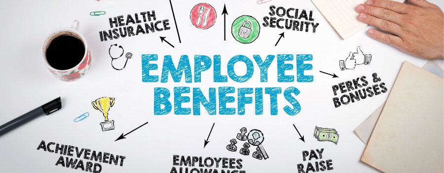 Handwritten Employee Benefits including Health Insurance, Social Security, Perks, Bonuses, and more