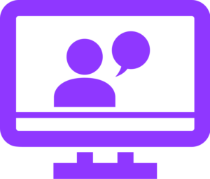 icon of person on computer monitor with speech bubble
