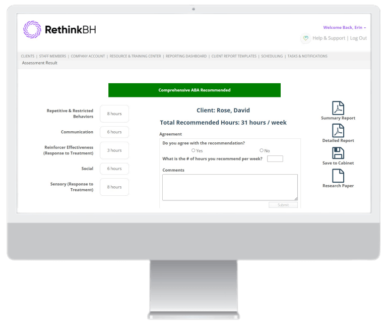 Computer monitor showing RethinkBH Assessment Result