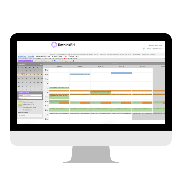 Desktop screen showing RethinkBH ABA Scheduling solution