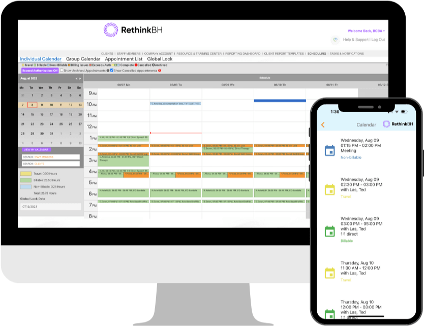 Desktop and smartphone both showing RethinkBH ABA Data Collection solution