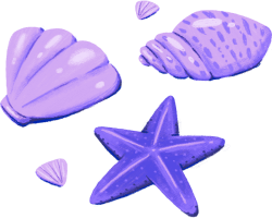 Purple illustrations of seashells and starfish