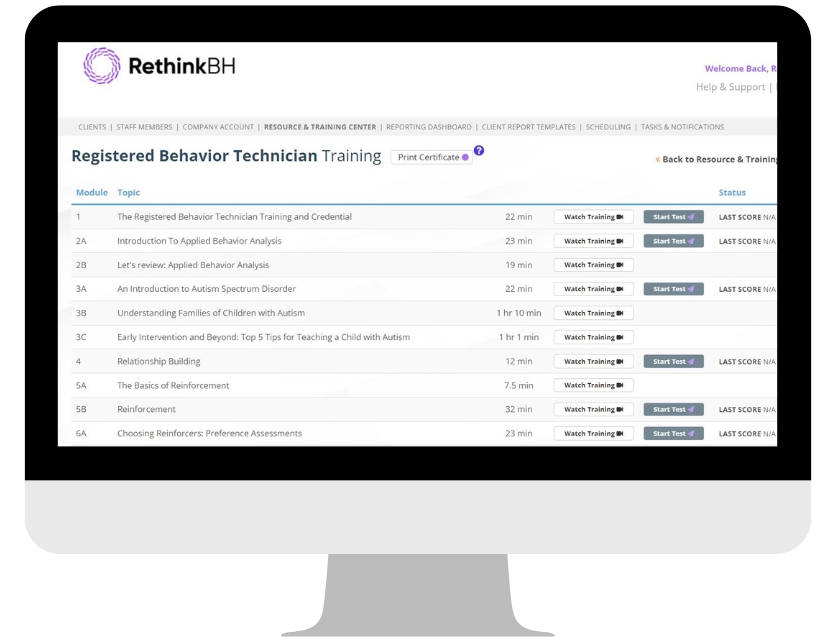 Computer showing RethinkBH RBT Training Dashboard