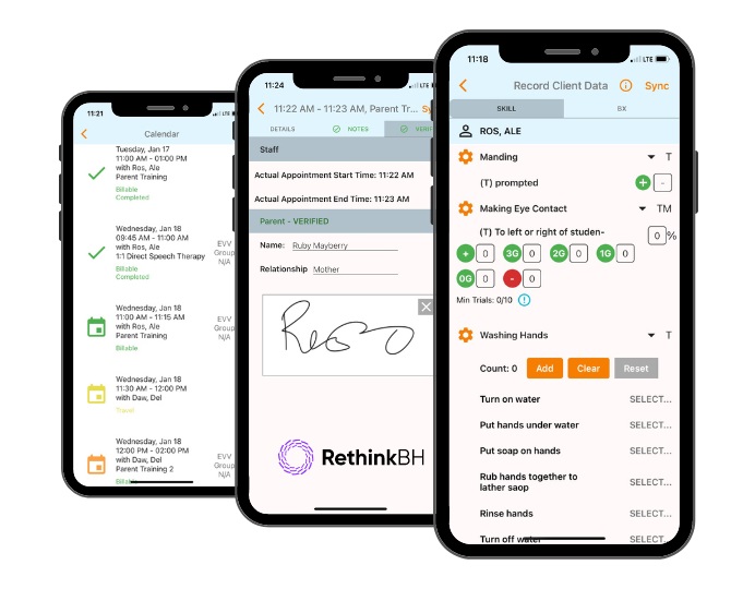 Smartphones showing different parts of RethinkBH Data Collection solution