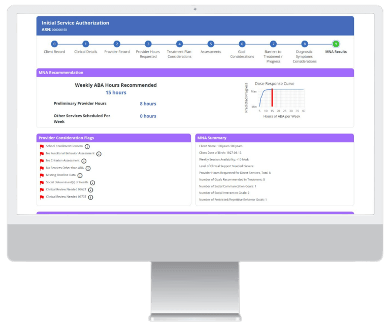 Computer monitor showing RethinkBH MNA result