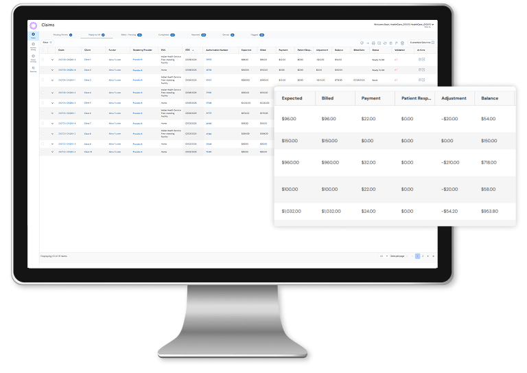 Laptop showing RethinkBH Billing Claims with Payment information including Adjustments