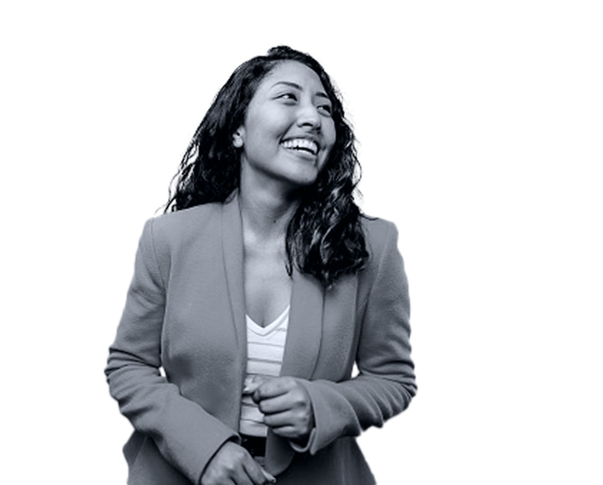 A cheerful professional woman smiling and looking upward.