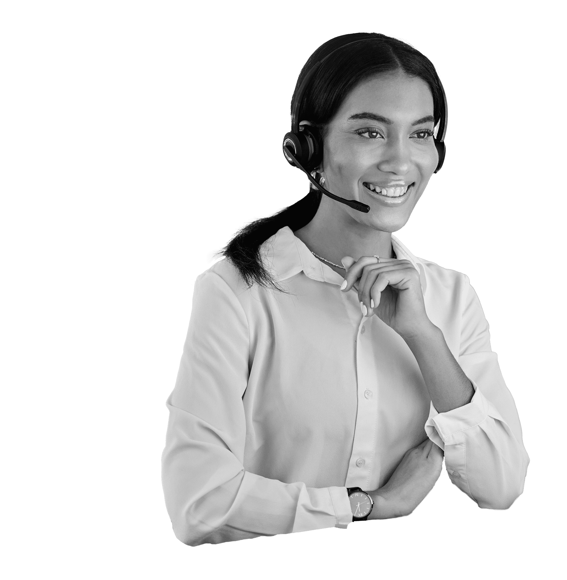 A smiling customer support representative with a headset, providing helpful assistance.