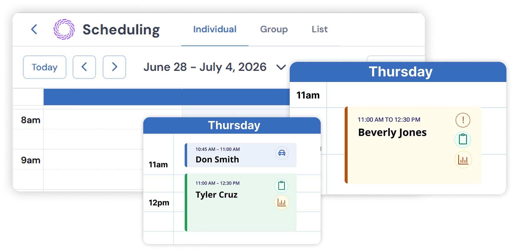 Calendario de programación con vistas individual, grupal y de lista y tarjetas de citas para personal y clientes